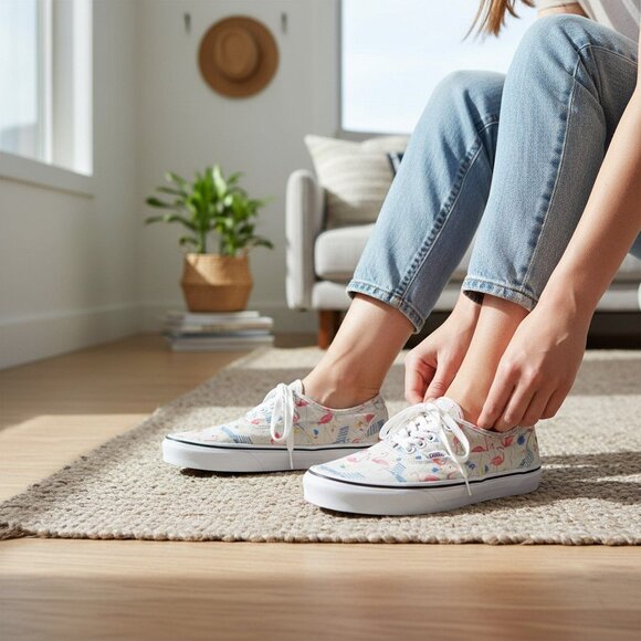 Vans espadrilles plats Unisexe 7,5 US Men 9 US Women crème motif flamand rose - Picture 1 of 8